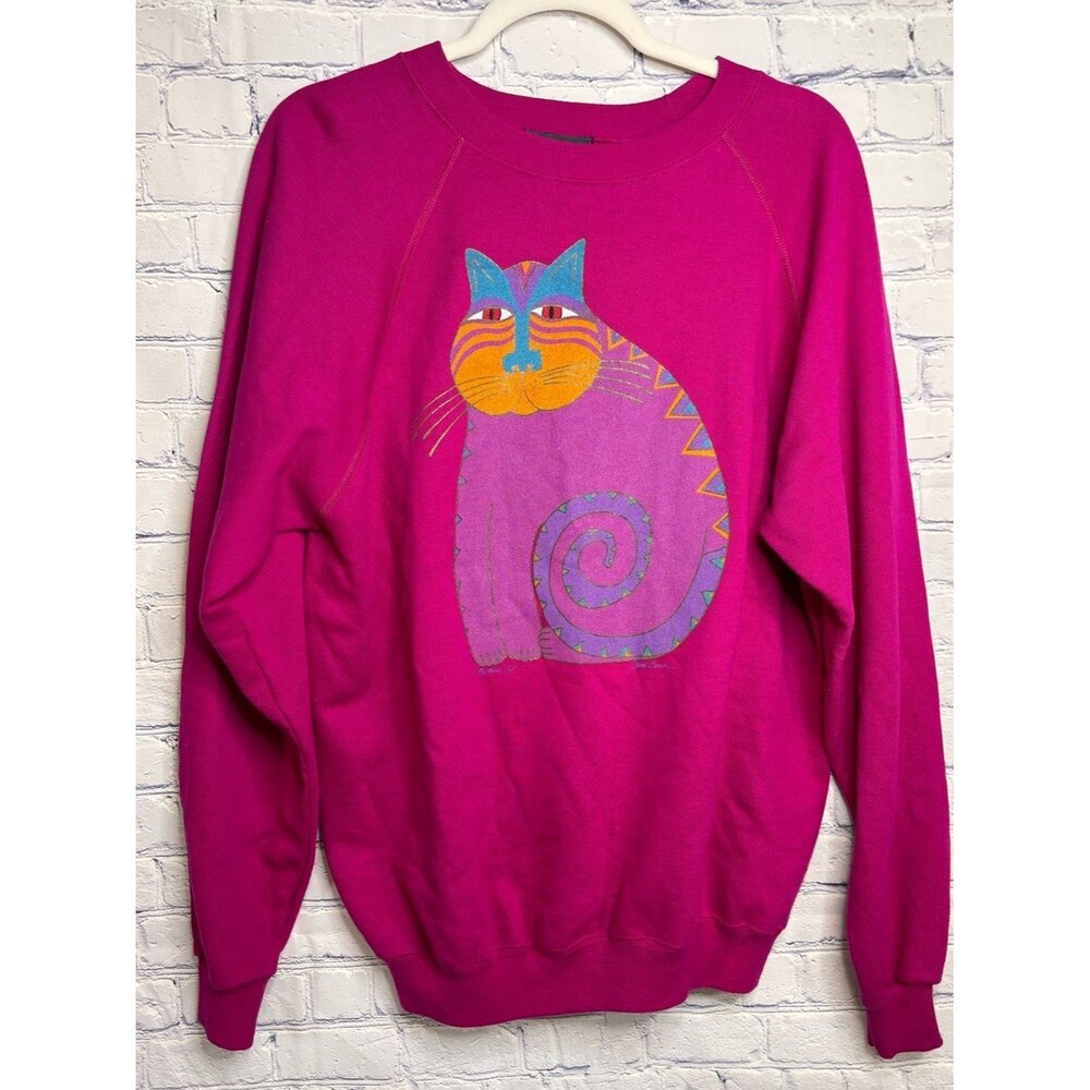 VINTAGE Laurel Burch Fantastic Felines Mythical Cat Magenta Crew Sweatshirt XL